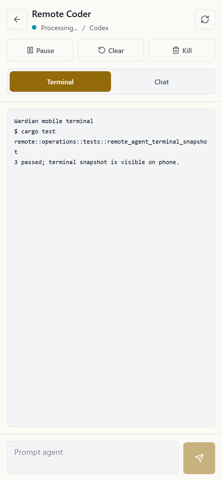 Wardian on a phone showing a running agent's terminal with pause, clear and kill controls and a prompt composer.