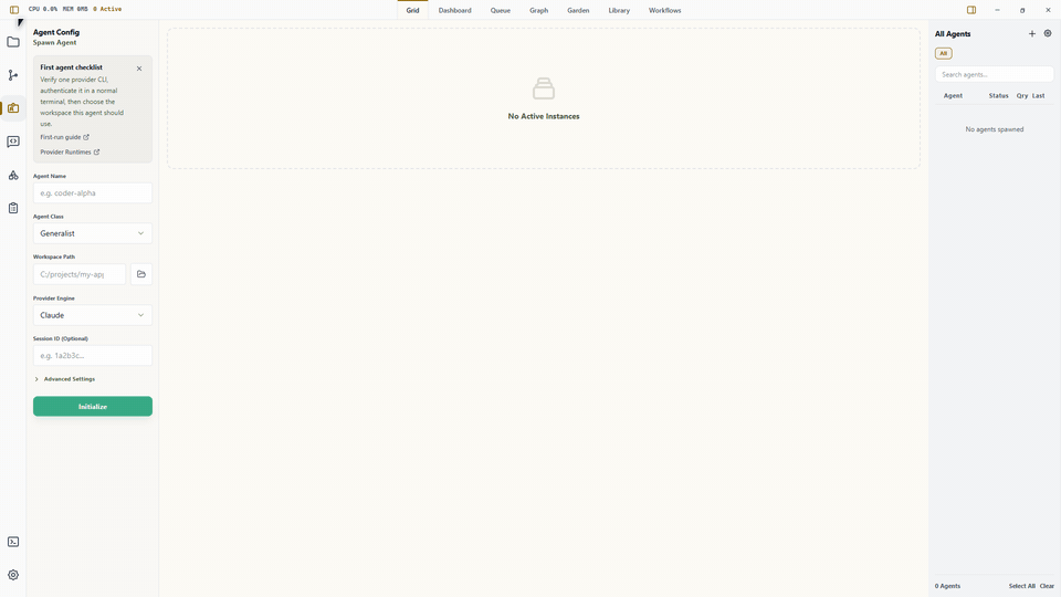 Wardian desktop app demo showing live agent terminals, app navigation, and agent roster state.